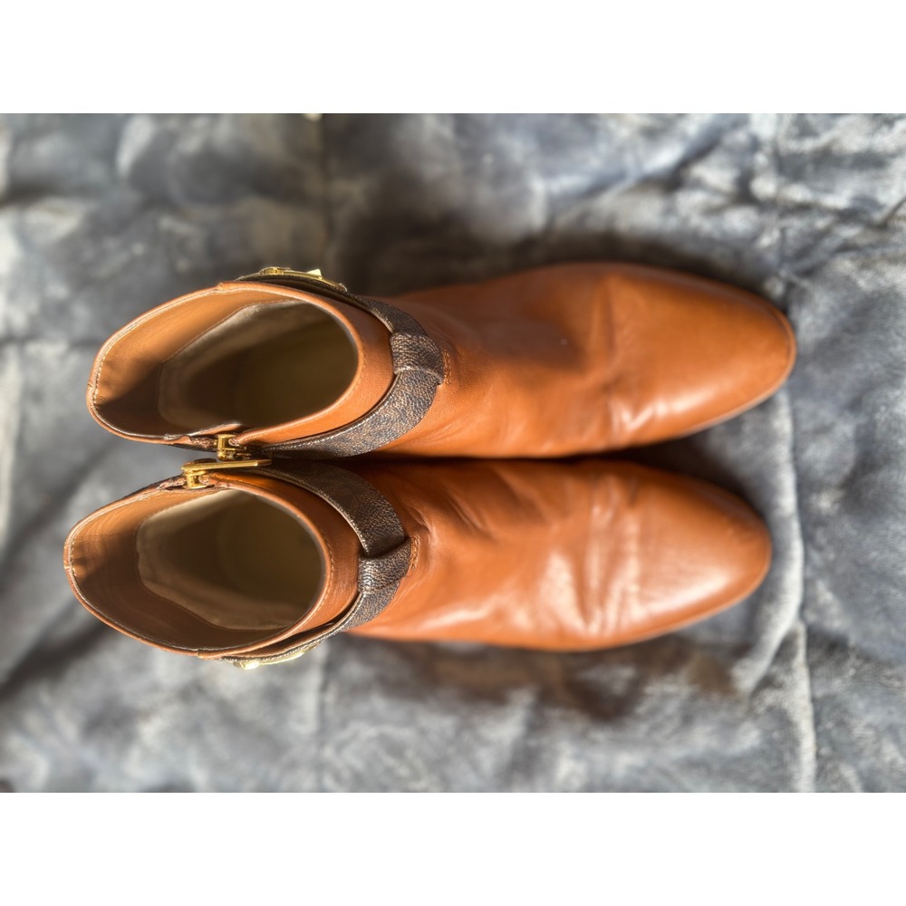 Michael Kors Brown Leather Monogram Ankle Boots Gold Logo Buckle Size 8M
